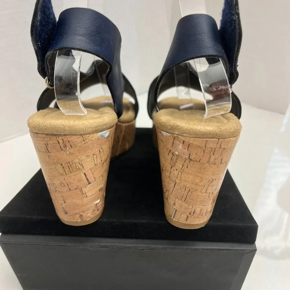 Jessica Cline Dreamer Wedge Slingback Sandals Navy Cork Print 10M